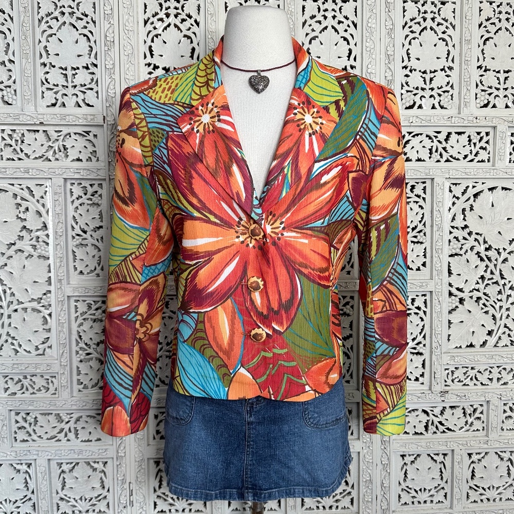 Lorizoni‎ 100% Silk Floral Colorful Bright Tropical Button Up Blazer Sz Small